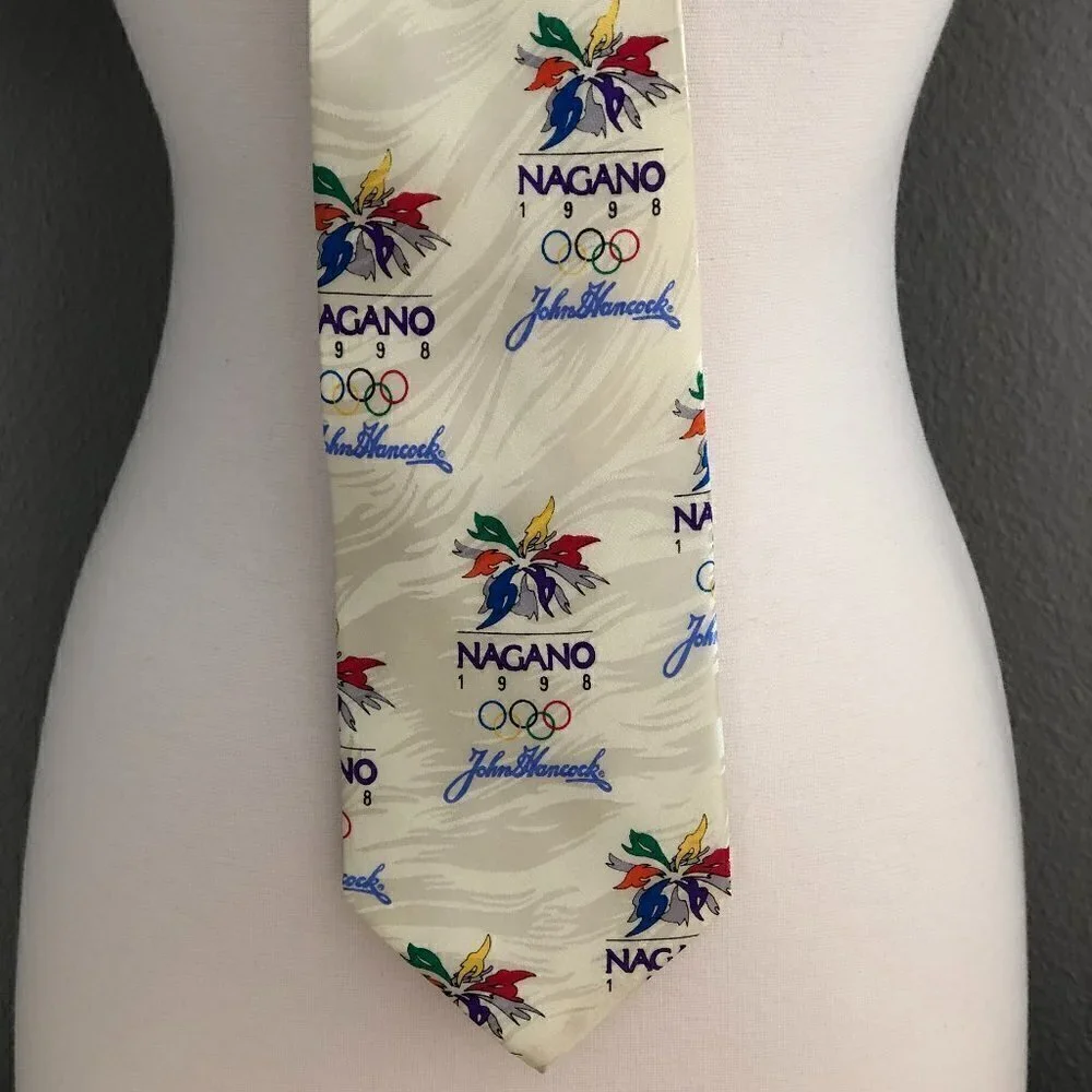 Vintage Nagano 1998 Olympics John Hancock Men's Silk Necktie Ivory Red Blue Tie